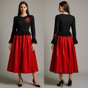 Vtg William Pearson Rose Lace Satin Formal Midi Dress 80s Whimsigoth Holidays